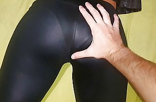 Leather leggings, tight pants, thong lines, groping her body, grabbing her ass in leggings